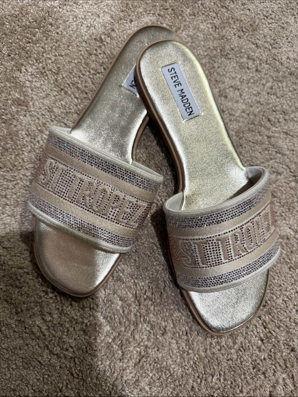 Steve Madden Metallic Gold Slide Mules with Rhinestone Banding
